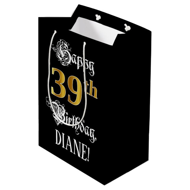 39th Birthday ~ Fancy Script; Faux Gold Look; Name Medium Gift Bag (Back Angled)