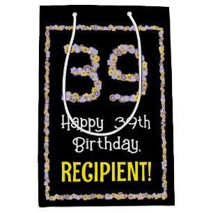 39th Birthday: Floral Flowers Number, Custom Name Medium Gift Bag