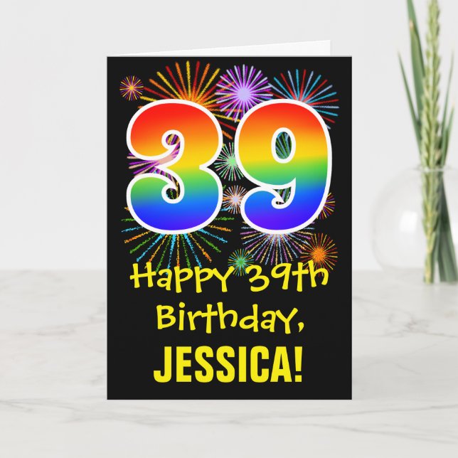 39th Birthday: Fun Fireworks Pattern + Rainbow 39 Card (Front)