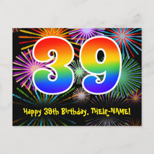 39th Birthday – Fun Fireworks Pattern + Rainbow 39 Postcard