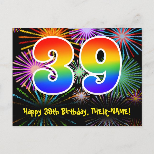 39th Birthday – Fun Fireworks Pattern + Rainbow 39 Postcard (Front)
