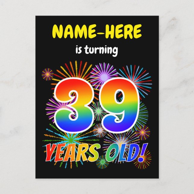 39th Birthday - Fun Fireworks, Rainbow Look "39" Postcard (Front)