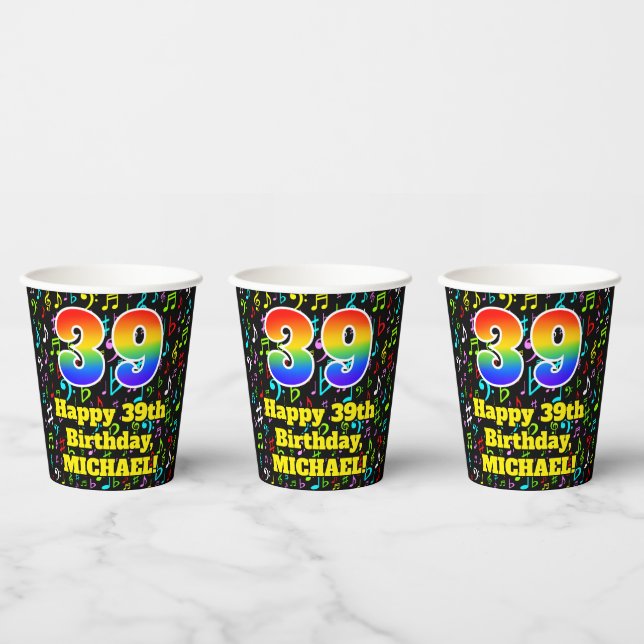 39th Birthday: Fun Music Notes Pattern, Rainbow 39 Paper Cups (Multi)