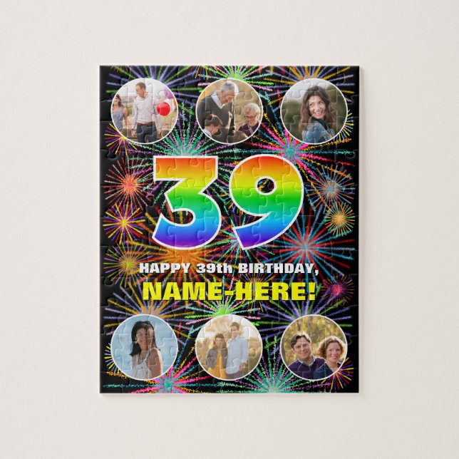 39th Birthday: Fun Rainbow #, Custom Name + Photos Jigsaw Puzzle (Vertical)