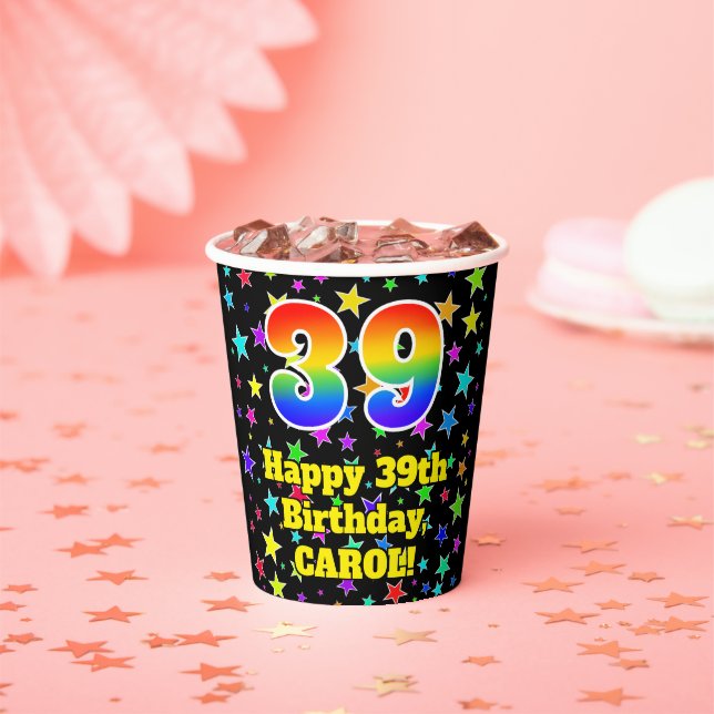 39th Birthday: Fun Stars Pattern and Rainbow 39 Paper Cups (Insitu)