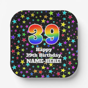 39th Birthday: Fun Stars Pattern and Rainbow “39” Paper Plate