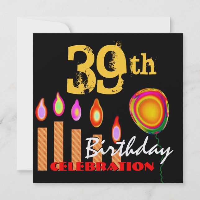 39th Birthday Gold Candles and Balloon Metallic Invitation (Front)