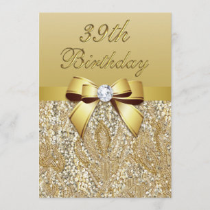 39th Birthday Gold Faux Sequins and Bow Invitation