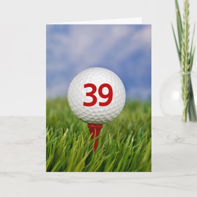 39th Birthday Golf Ball on Red Tee  Card (Front)