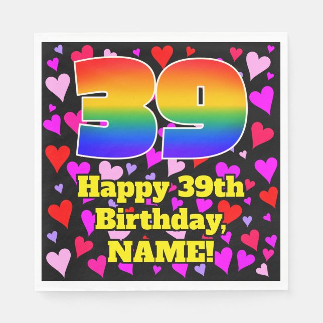 39th Birthday: Loving Hearts Pattern, Rainbow # 39 Napkin (Front)