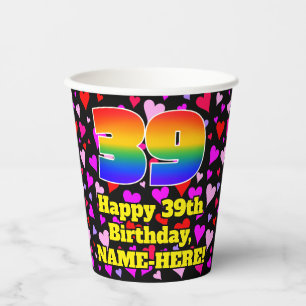 39th Birthday: Loving Hearts Pattern, Rainbow 39 Paper Cups