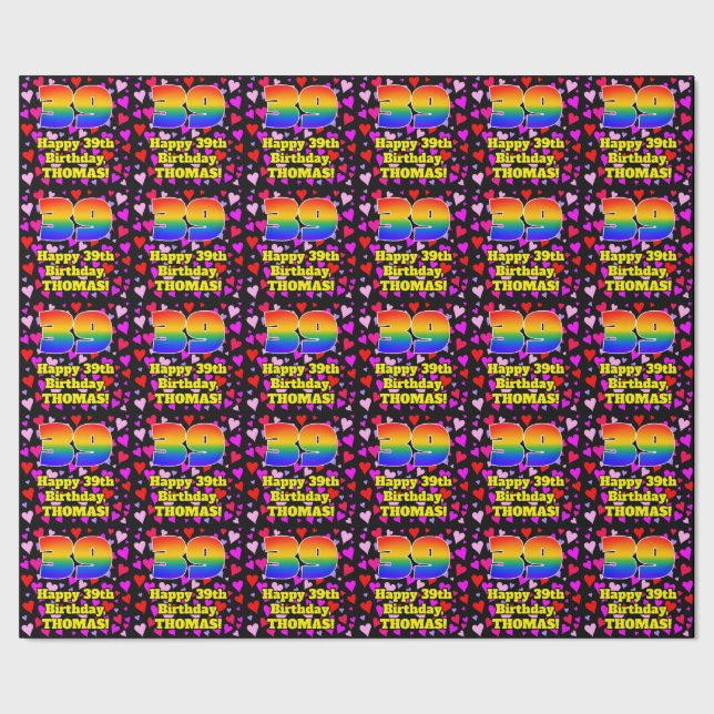 39th Birthday: Loving Hearts Pattern, Rainbow # 39 Wrapping Paper (Seam)