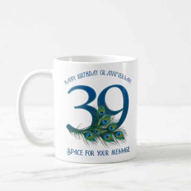 39th Birthday Or Anniversary Peacock Feather Coffee Mug (Left)