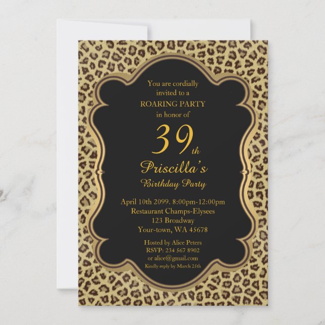 39th,Birthday Party 39th,Cheetah, Black & Gold Invitation (Front)