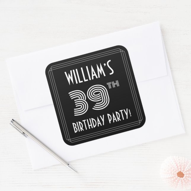 39th Birthday Party: Art Deco Style & Custom Name Square Sticker (Envelope)