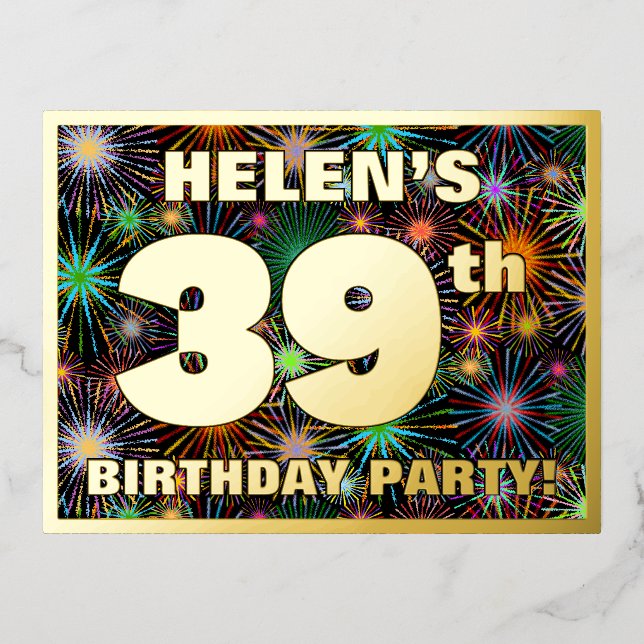 39th Birthday Party: Bold, Colourful Fireworks Loo Foil Invitation Postcard (Front)