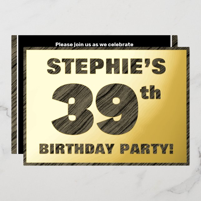 39th Birthday Party — Bold, Faux Wood Grain Text (Front/Back)