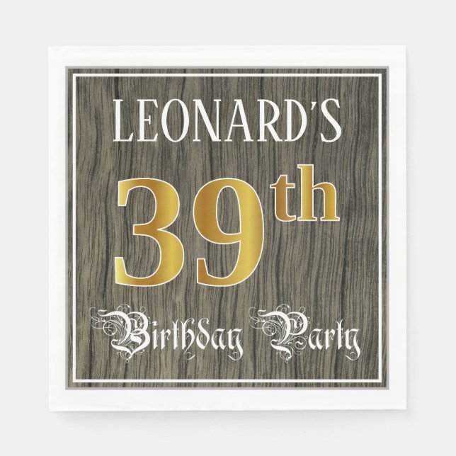 39th Birthday Party — Faux Gold & Faux Wood Looks Napkin (Front)