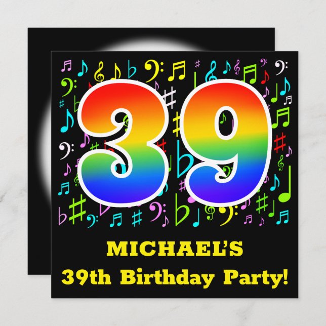 39th Birthday Party: Fun Music Symbols, Rainbow 39 Invitation (Front/Back)