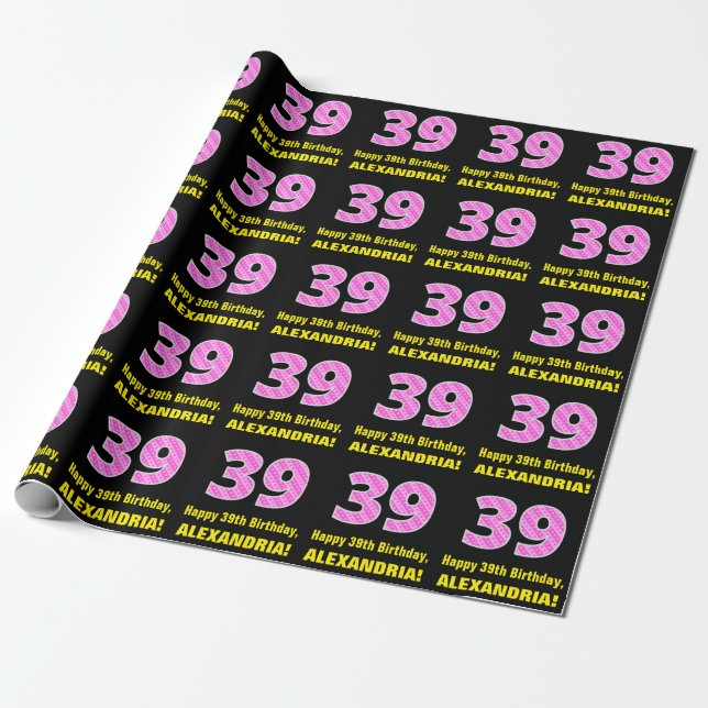 39th Birthday: Pink Stripes and Hearts "39" + Name Wrapping Paper (Unrolled)