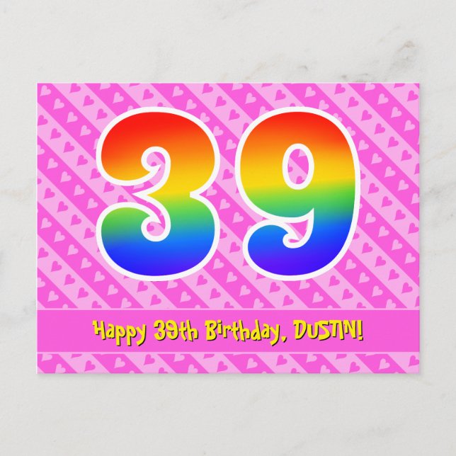 39th Birthday: Pink Stripes & Hearts, Rainbow 39 Postcard (Front)