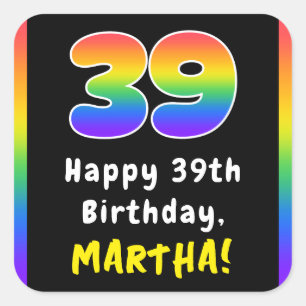 39th Birthday: Rainbow Spectrum # 39, Custom Name Square Sticker