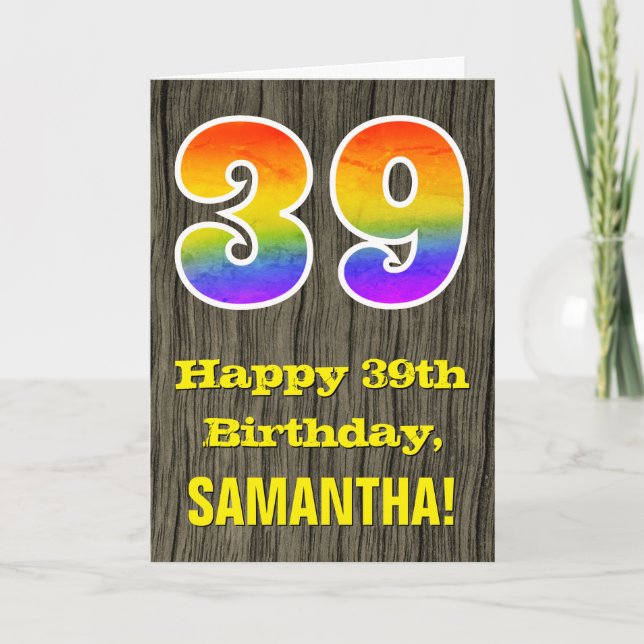 39th Birthday: Rustic Faux Wood Look, Rainbow "39" Card (Front)
