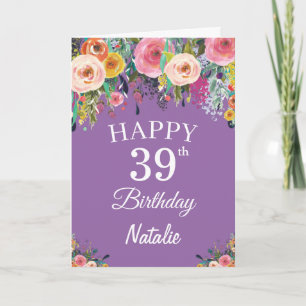 39th Birthday Watercolor Floral Flowers Purple Card