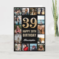 39th Happy Birthday Black and Gold Photo Collage