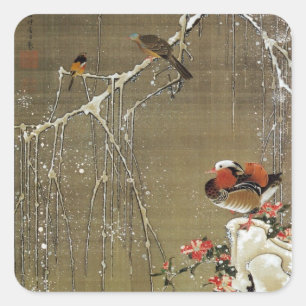 3. 雪中鴛鴦図, 若冲 Mandarin Duck in The Snow, Jakuchū Square Sticker