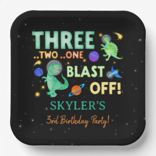 3 2 1 Blast Off Dinosaur Space 3rd Birthday Paper Plate