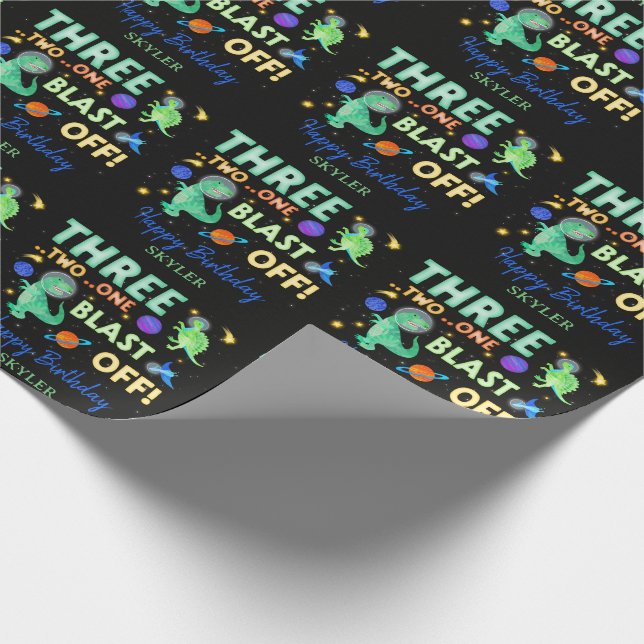 3 2 1 Blast Off Dinosaur Space 3rd Birthday Party  Wrapping Paper (Corner)