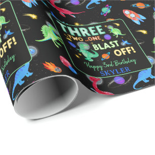 3 2 1 Blast Off Dinosaur Space 3rd Birthday Party Wrapping Paper