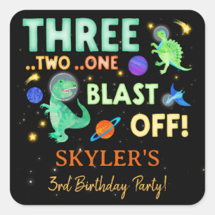 3 2 1 Blast Off Dinosaur Space 3rd Birthday Square Sticker