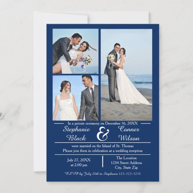 3/4 Photos Vertical Blue- Wedding Announcement (Front)