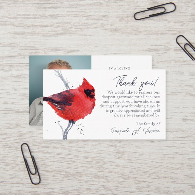 3.54x2.165 Cardinal Funeral Thank You Photo Card (Front/Back In Situ)