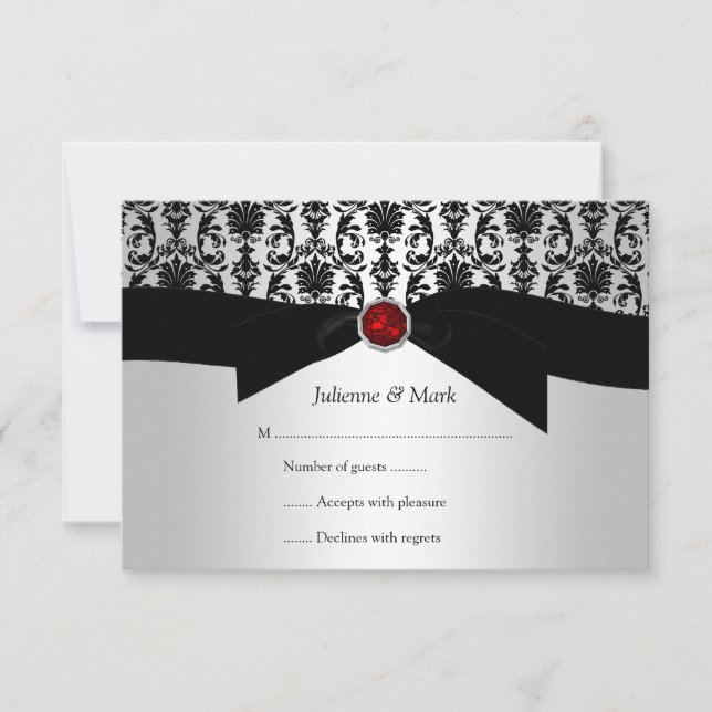 3.5x5 Black Silver Damask Printed Ruby Jewel RSVP (Front)