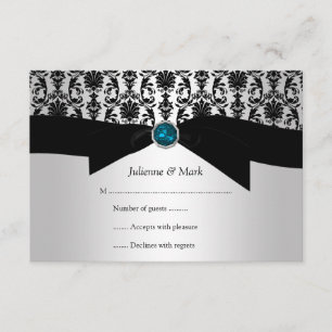 3.5x5 Black Silver Damask Turquoise Jewel RSVP Card