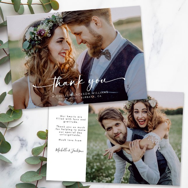 3.5x5 Elegant Chic Script Wedding Photo  Thank You Card (Creator Uploaded)