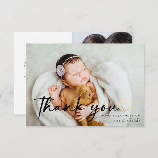 3.5x5 New Baby Photo Gold Heart Thank You (Front/Back)