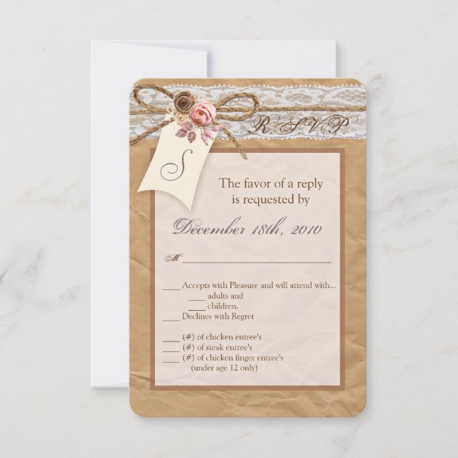 3.5x5 R.S.V.P. Card Kraft Paper Lace Twine Bow Ros (Front)