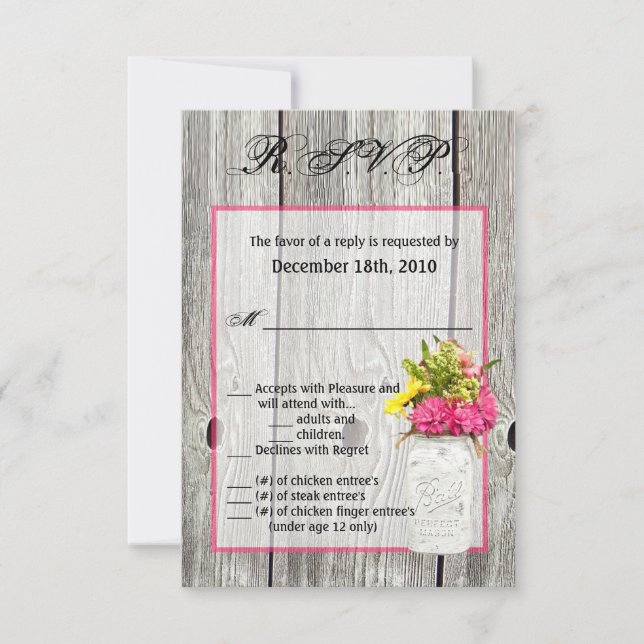 3.5x5 R.S.V.P. Card Mason Jar Wildflowers Barn Woo (Front)