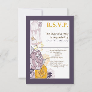 3.5x5 R.S.V.P. Card Vintage Plum Mustard Rose Bird