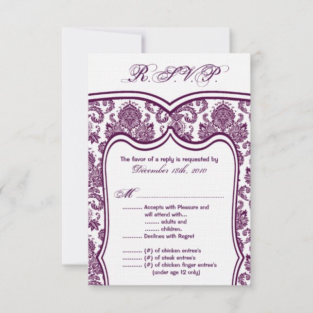 3.5x5 R.S.V.P. Card Wedding Plum Purple Damask (Front)