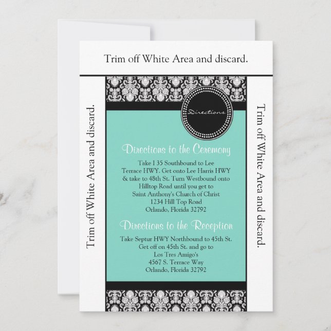 3.5x6 Directions Card Teal & Black Damask (Front)