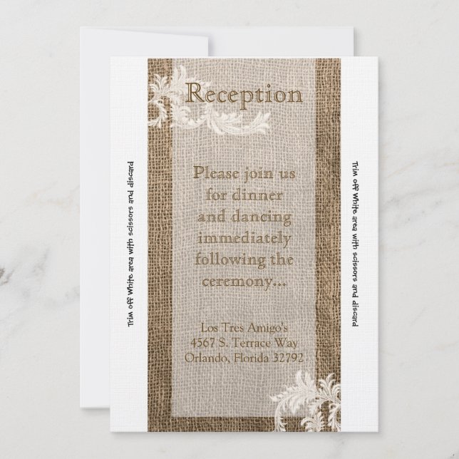 3.5x7 Reception Card Burlap Lace Monogram Country (Front)