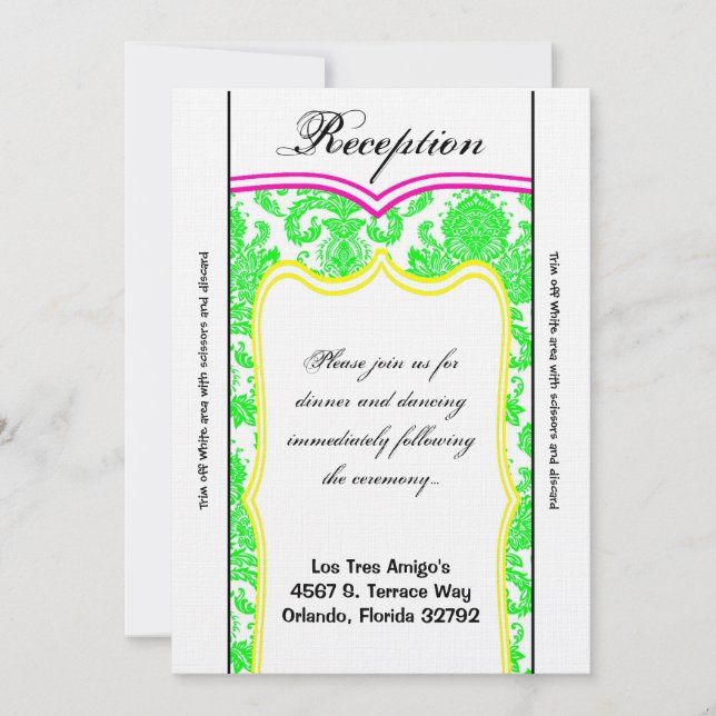 3.5x7 Reception Card Neon Green Pink Orange Damask (Front)