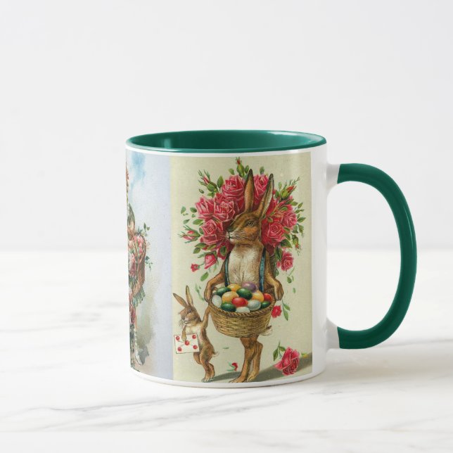 3 Antique Post Card Easter Bunny Roses Mug (Right)