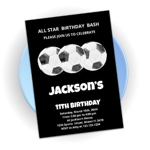 3 Balls Black Soccer Birthday Invitations