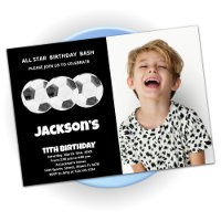 3 Balls Black Soccer Birthday Invitations w photo